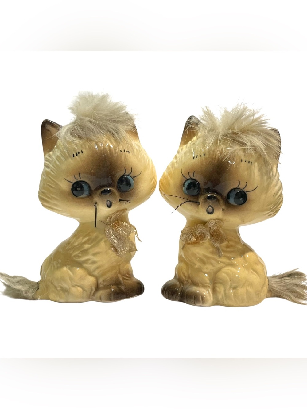 Vintage 1950s Kitschy Fuzzy Siamese Cats Ceramic Figurines Set of 2 Mid-Century